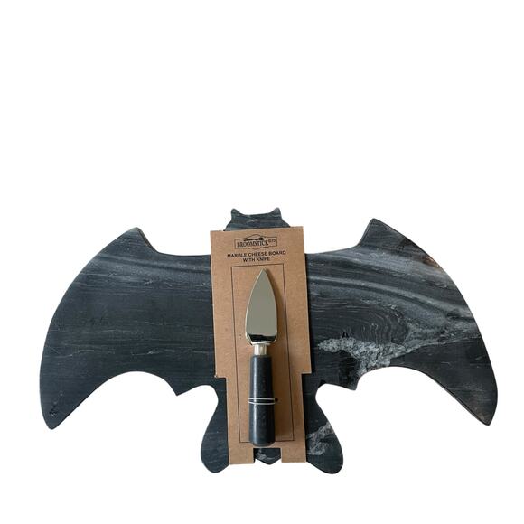Black Bat Marble Cheese Board with Knife 17x10 Spooky Halloween Hosting NEW - Picture 11 of 14